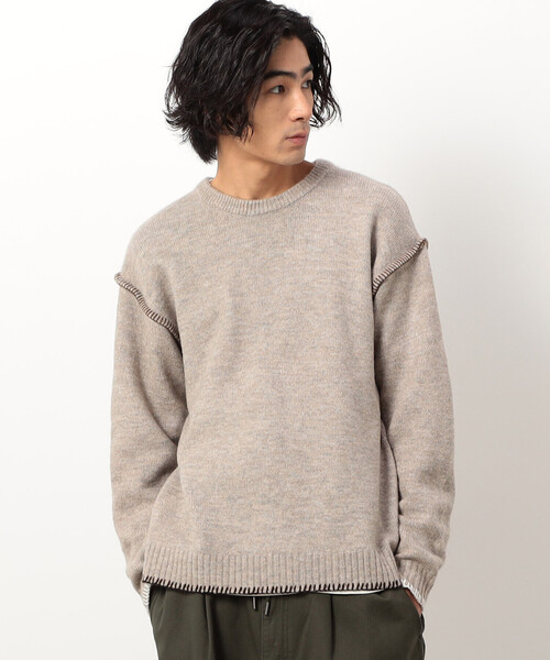 Purple&Yellow（パープルアンドイエロー）の「ブランケットステッチプルオーバー（ニット/セーター・メンズ・ネイビー/アイボリー/グレイッシュベージュ/ターコイズブルー・SMALL/MEDIUM/LARGE）」の3枚目の写真