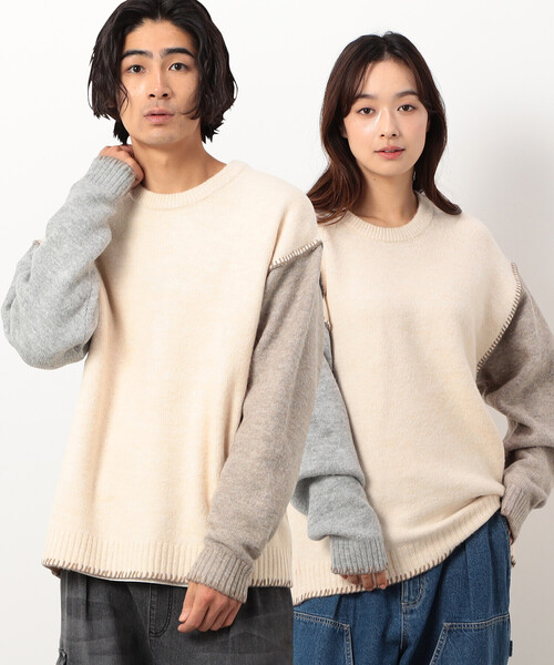 Purple&Yellow（パープルアンドイエロー）の「ブランケットステッチプルオーバー（ニット/セーター・メンズ・ネイビー/アイボリー/グレイッシュベージュ/ターコイズブルー・SMALL/MEDIUM/LARGE）」の2枚目の写真