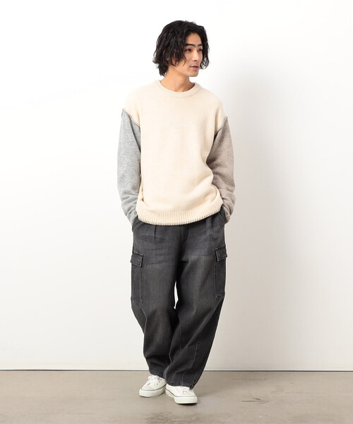 Purple&Yellow（パープルアンドイエロー）の「ブランケットステッチプルオーバー（ニット/セーター・メンズ・ネイビー/アイボリー/グレイッシュベージュ/ターコイズブルー・SMALL/MEDIUM/LARGE）」の5枚目の写真