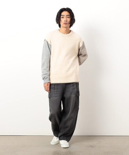 Purple&Yellow（パープルアンドイエロー）の「ブランケットステッチプルオーバー（ニット/セーター・メンズ・ネイビー/アイボリー/グレイッシュベージュ/ターコイズブルー・SMALL/MEDIUM/LARGE）」の6枚目の写真