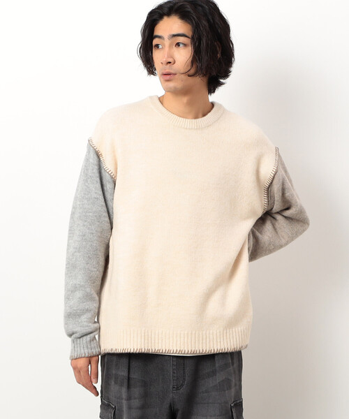 Purple&Yellow（パープルアンドイエロー）の「ブランケットステッチプルオーバー（ニット/セーター・メンズ・ネイビー/アイボリー/グレイッシュベージュ/ターコイズブルー・SMALL/MEDIUM/LARGE）」の7枚目の写真