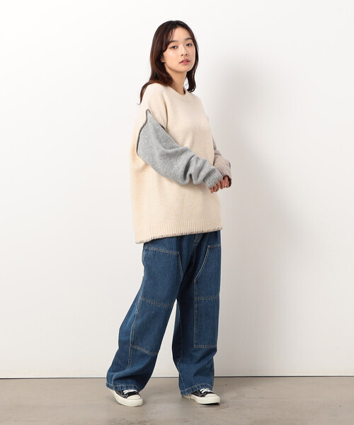 Purple&Yellow（パープルアンドイエロー）の「ブランケットステッチプルオーバー（ニット/セーター・メンズ・ネイビー/アイボリー/グレイッシュベージュ/ターコイズブルー・SMALL/MEDIUM/LARGE）」の9枚目の写真