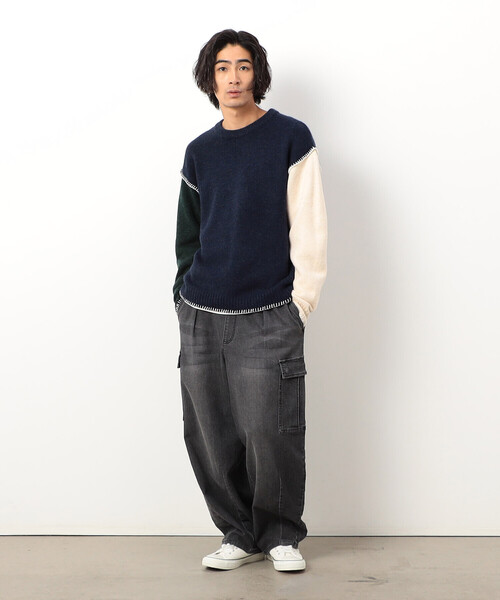 Purple&Yellow（パープルアンドイエロー）の「ブランケットステッチプルオーバー（ニット/セーター・メンズ・ネイビー/アイボリー/グレイッシュベージュ/ターコイズブルー・SMALL/MEDIUM/LARGE）」の12枚目の写真