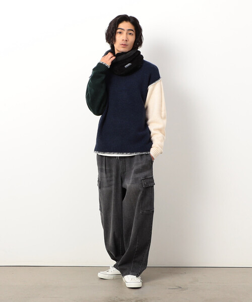 Purple&Yellow（パープルアンドイエロー）の「ブランケットステッチプルオーバー（ニット/セーター・メンズ・ネイビー/アイボリー/グレイッシュベージュ/ターコイズブルー・SMALL/MEDIUM/LARGE）」の13枚目の写真