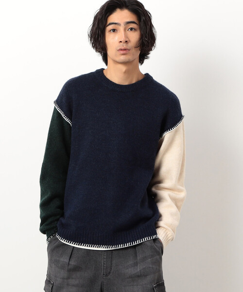 Purple&Yellow（パープルアンドイエロー）の「ブランケットステッチプルオーバー（ニット/セーター・メンズ・ネイビー/アイボリー/グレイッシュベージュ/ターコイズブルー・SMALL/MEDIUM/LARGE）」の14枚目の写真