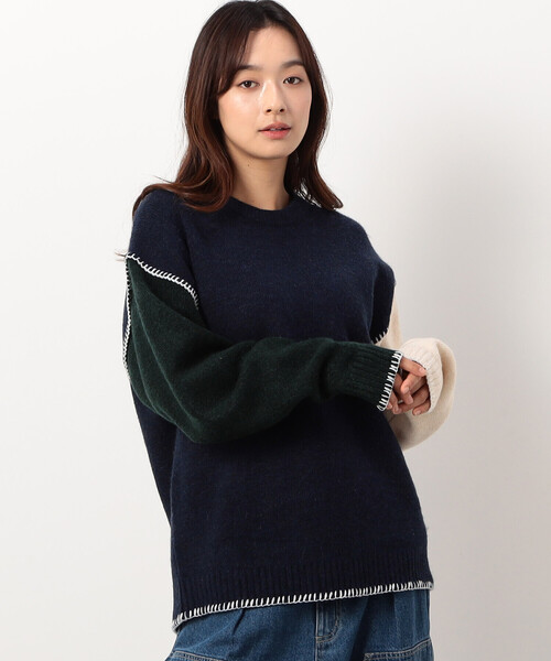 Purple&Yellow（パープルアンドイエロー）の「ブランケットステッチプルオーバー（ニット/セーター・メンズ・ネイビー/アイボリー/グレイッシュベージュ/ターコイズブルー・SMALL/MEDIUM/LARGE）」の16枚目の写真