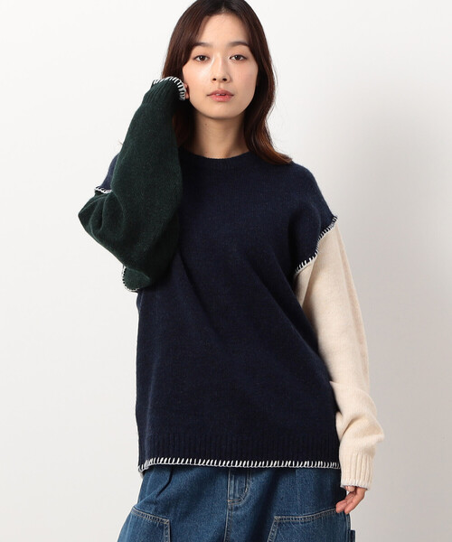 Purple&Yellow（パープルアンドイエロー）の「ブランケットステッチプルオーバー（ニット/セーター・メンズ・ネイビー/アイボリー/グレイッシュベージュ/ターコイズブルー・SMALL/MEDIUM/LARGE）」の17枚目の写真