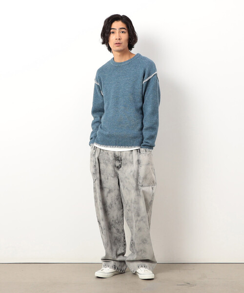 Purple&Yellow（パープルアンドイエロー）の「ブランケットステッチプルオーバー（ニット/セーター・メンズ・ネイビー/アイボリー/グレイッシュベージュ/ターコイズブルー・SMALL/MEDIUM/LARGE）」の18枚目の写真