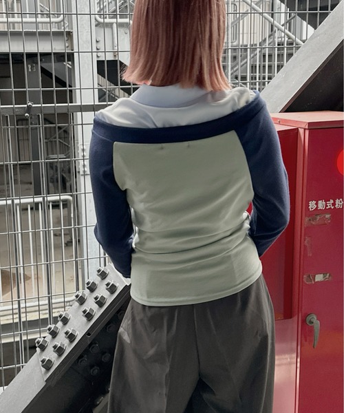 jiasecond.(ジアセカンド)の「【jiasecond.】コード付きワンショルラグランプリントロンT / トップス カットソー オフショル バイカラー プリント 長袖 Y2K コード レッド ネイビー ブラウン 韓国 韓国ファッション ZOZOTOWN限定(Tシャツ/カットソー・レディース・ネイビー/ブラウン/レッド・FREE)」の9枚目の写真