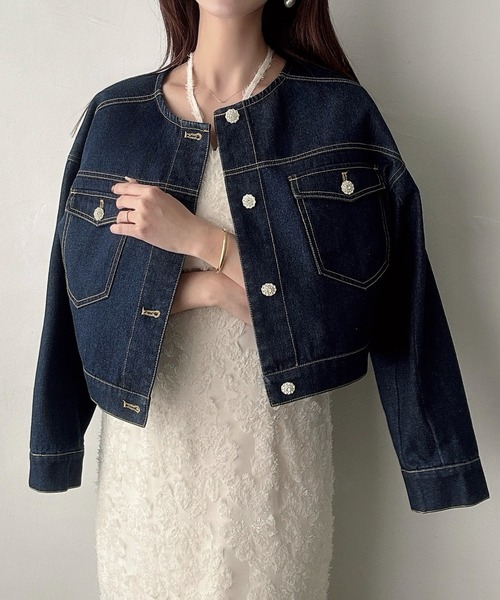 セール】ビジュー釦ノーカラーデニムジャケット（デニムジャケット