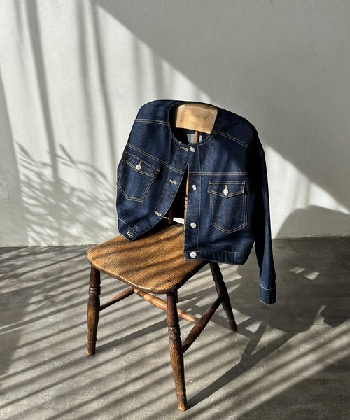 セール】ビジュー釦ノーカラーデニムジャケット（デニムジャケット