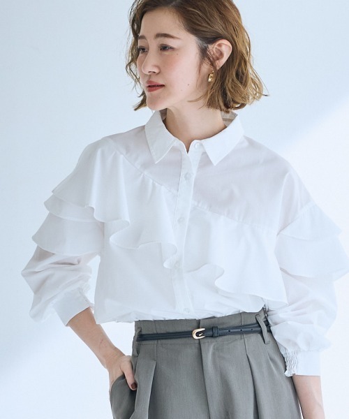 SMILE LAND（スマイルランド）の「＜大きいサイズ＞アシンメトリーフレアブラウス【OtonaSMILE】（シャツ/ブラウス・レディース・オフホワイト/ピンク・5L/L/LL/3L/4L）」の5枚目の写真