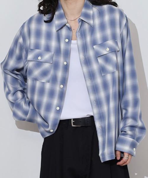 BIG MIKE(ビッグマイク)の「BIG MIKE Rayon Ombre Check Shirts レーヨン混合オンブレチェックシャツ(シャツ/ブラウス・メンズ・ブルー/ミント・XL/L/M)」の4枚目の写真