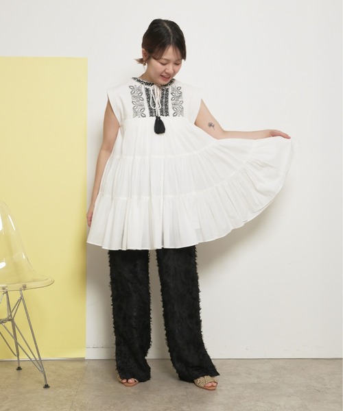 インド綿 刺繍チュニックトップス ティアード タッセル