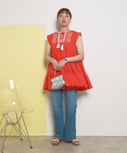 インド綿 刺繍チュニックトップス ティアード タッセル