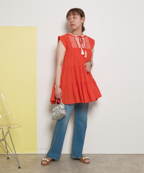 【美品】ババグーリ インド綿チュニックブラウス くすみオレンジ ピンタック 美品】ババグーリ インド綿チュニックブラウス くすみオレンジ