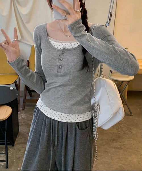 gossip!ロサンゼルス(ゴシップロサンゼルス)の「Y2K 花柄キャミレイヤード長袖Tシャツ(Tシャツ/カットソー・レディース・ホワイト/ベージュ/グレー・FREE)」の10枚目の写真