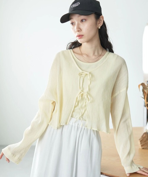 earth music&ecology（アースミュージックアンドエコロジー）の「【WEB限定/セットアイテム】SET2点クレープリボンブラウス＋インナー（カーディガン/ボレロ・レディース・ライトブルー/ミント/イエロー・FREE）」の4枚目の写真