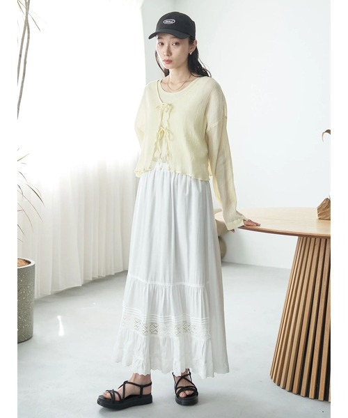 earth music&ecology（アースミュージックアンドエコロジー）の「【WEB限定/セットアイテム】SET2点クレープリボンブラウス＋インナー（カーディガン/ボレロ・レディース・ライトブルー/ミント/イエロー・FREE）」の8枚目の写真