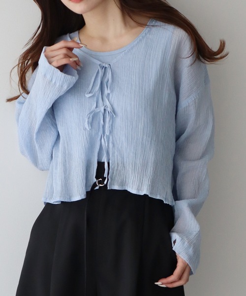 earth music&ecology（アースミュージックアンドエコロジー）の「【WEB限定/セットアイテム】SET2点クレープリボンブラウス＋インナー（カーディガン/ボレロ・レディース・ライトブルー/ミント/イエロー・FREE）」の15枚目の写真