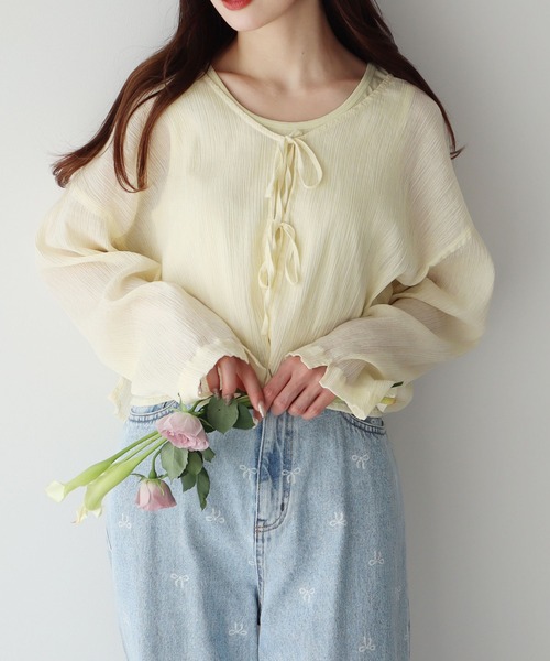 earth music&ecology（アースミュージックアンドエコロジー）の「【WEB限定/セットアイテム】SET2点クレープリボンブラウス＋インナー（カーディガン/ボレロ・レディース・ライトブルー/ミント/イエロー・FREE）」の11枚目の写真