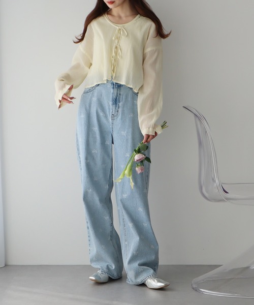 earth music&ecology（アースミュージックアンドエコロジー）の「【WEB限定/セットアイテム】SET2点クレープリボンブラウス＋インナー（カーディガン/ボレロ・レディース・ライトブルー/ミント/イエロー・FREE）」の13枚目の写真