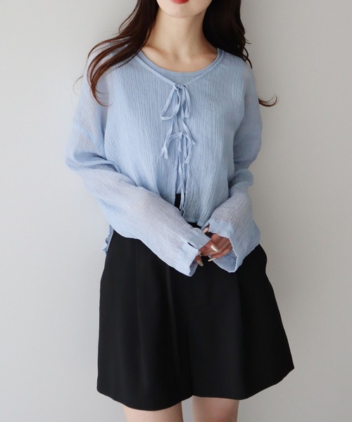 earth music&ecology（アースミュージックアンドエコロジー）の「【WEB限定/セットアイテム】SET2点クレープリボンブラウス＋インナー（カーディガン/ボレロ・レディース・ライトブルー/ミント/イエロー・FREE）」の16枚目の写真