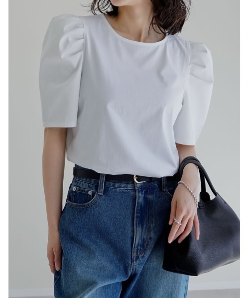 Re:EDIT（リエディ）の「[接触冷感]異素材切り替えタックパフスリーブTシャツ（Tシャツ/カットソー・レディース・ブラック/ホワイト・MEDIUM/LARGE）」の7枚目の写真