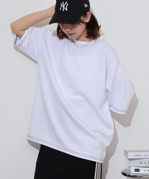 接触冷感 UVカット ストレッチ ワイドシルエット ソフトタッチ 配色ステッチ 半袖TEE