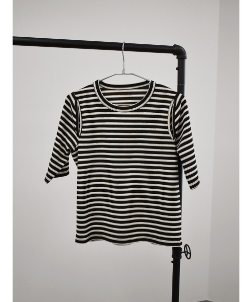 Reurie'(レウリィ)の「スリットショルダーボーダーリブトップス/slit shoulder border rib top 半袖 クルーネック 総柄 カジュアル モード グリーン 緑 アイボリー(Tシャツ/カットソー・レディース・ブラック/ブラウン・FREE)」の5枚目の写真