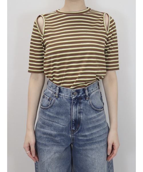 Reurie'(レウリィ)の「スリットショルダーボーダーリブトップス/slit shoulder border rib top 半袖 クルーネック 総柄 カジュアル モード グリーン 緑 アイボリー(Tシャツ/カットソー・レディース・ブラック/ブラウン・FREE)」の14枚目の写真