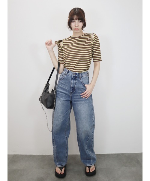 Reurie'(レウリィ)の「スリットショルダーボーダーリブトップス/slit shoulder border rib top 半袖 クルーネック 総柄 カジュアル モード グリーン 緑 アイボリー(Tシャツ/カットソー・レディース・ブラック/ブラウン・FREE)」の12枚目の写真