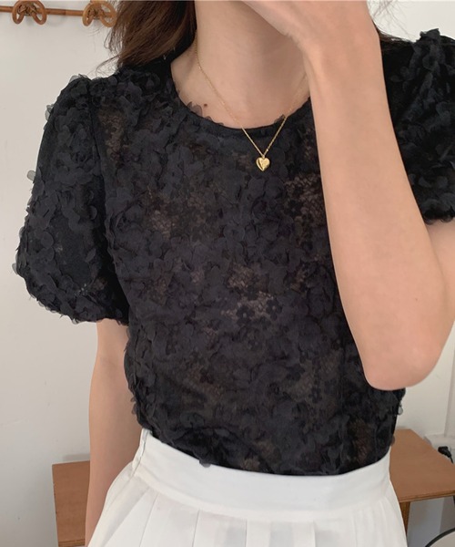 Lace Ladies(レースレディース)の「フラワー ジャガード クルーネック パフスリーブ プルオーバー(Tシャツ/カットソー・レディース・アイボリー/ブラック・FREE)」の8枚目の写真
