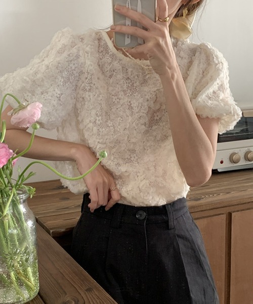 Lace Ladies(レースレディース)の「フラワー ジャガード クルーネック パフスリーブ プルオーバー(Tシャツ/カットソー・レディース・アイボリー/ブラック・FREE)」の9枚目の写真