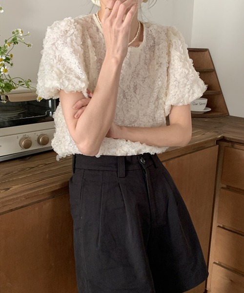 Lace Ladies(レースレディース)の「フラワー ジャガード クルーネック パフスリーブ プルオーバー(Tシャツ/カットソー・レディース・アイボリー/ブラック・FREE)」の10枚目の写真