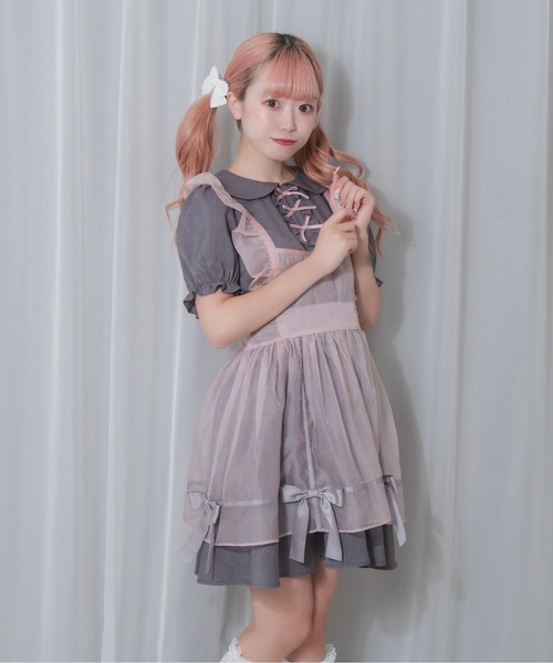 Honey Cinnamon(ハニーシナモン)の「シアーエプロンセットワンピース(ワンピース・レディース・ブラック×ホワイト/グレー×ピンク・FREE)」の3枚目の写真