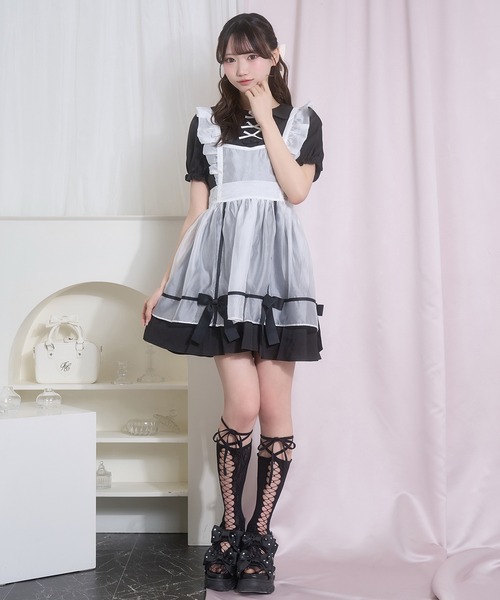 Honey Cinnamon(ハニーシナモン)の「シアーエプロンセットワンピース(ワンピース・レディース・ブラック×ホワイト/グレー×ピンク・FREE)」の9枚目の写真