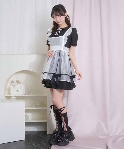 Honey Cinnamon(ハニーシナモン)の「シアーエプロンセットワンピース(ワンピース・レディース・ブラック×ホワイト/グレー×ピンク・FREE)」の10枚目の写真