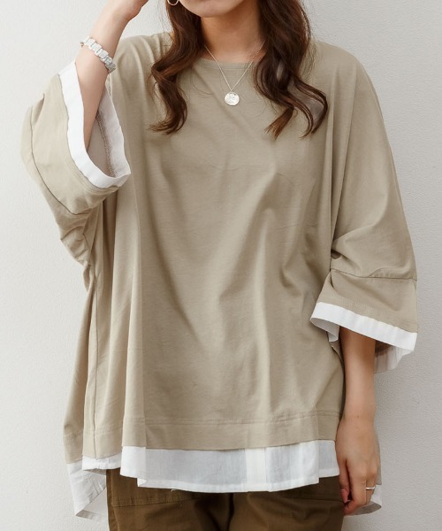 RCD(アールシーディー)の「ゆるっと異素材レイヤードTシャツ(Tシャツ/カットソー・レディース・グレイッシュベージュ/ブラック/ライトブラウン・LL~3L/M-L)」の1枚目の写真