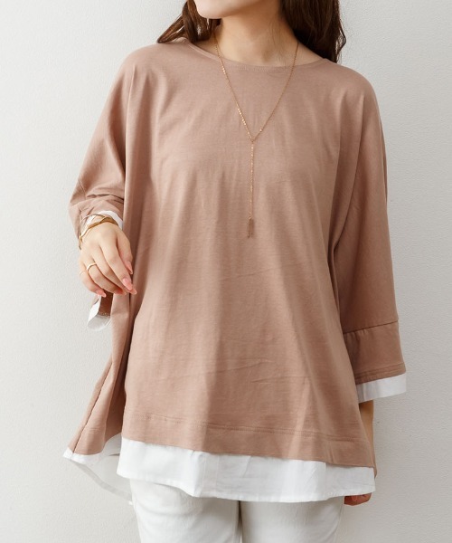 RCD(アールシーディー)の「ゆるっと異素材レイヤードTシャツ(Tシャツ/カットソー・レディース・グレイッシュベージュ/ブラック/ライトブラウン・LL~3L/M-L)」の10枚目の写真