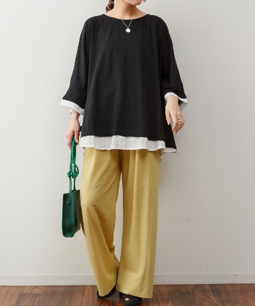 RCD(アールシーディー)の「ゆるっと異素材レイヤードTシャツ(Tシャツ/カットソー・レディース・グレイッシュベージュ/ブラック/ライトブラウン・LL~3L/M-L)」の19枚目の写真