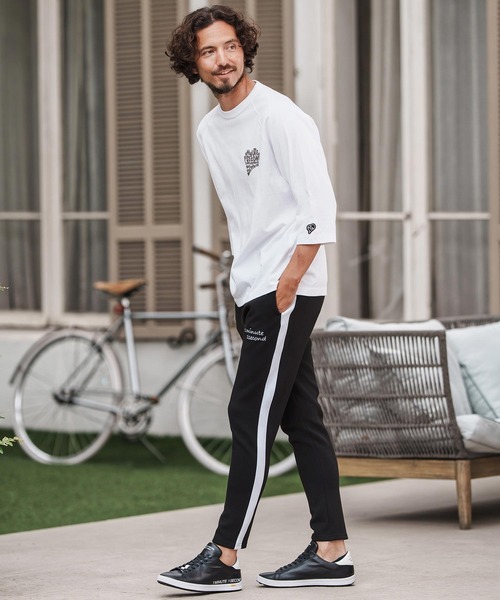 1minute 1second(ワンミニットワンセカンド)の「mp13842-cardboard knit line pants with cursive embroidery イージーパンツ(その他パンツ・メンズ・ブラック/トップグレー・S/M/L/XL)」の6枚目の写真