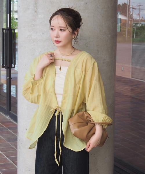 LAULEN(ローレン)の「2way conscious sheer tops /2wayコンシャスシアー長袖トップス(シャツ/ブラウス・レディース・グリーン/アイボリー・FREE)」の2枚目の写真