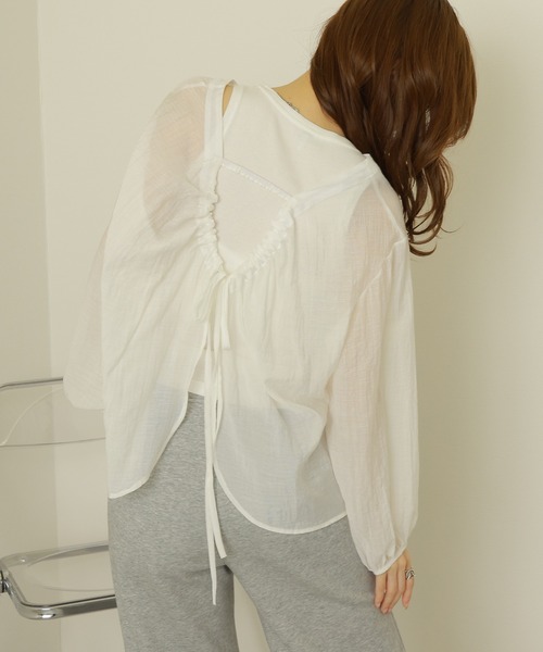 LAULEN(ローレン)の「2way conscious sheer tops /2wayコンシャスシアー長袖トップス(シャツ/ブラウス・レディース・グリーン/アイボリー・FREE)」の8枚目の写真