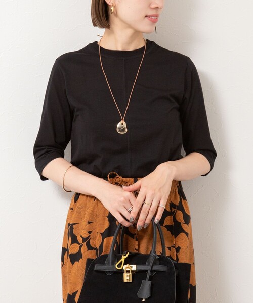 NOLLEY’S（ノーリーズ）の「綿ナイロンシアー6分袖プルオーバーカットソー（Tシャツ/カットソー・レディース・オレンジ/ブラック/キナリ・FREE）」の2枚目の写真