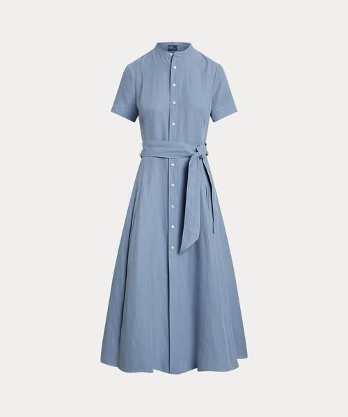 ベルテッド シルクブレンド Aライン シャツドレス（シャツワンピース