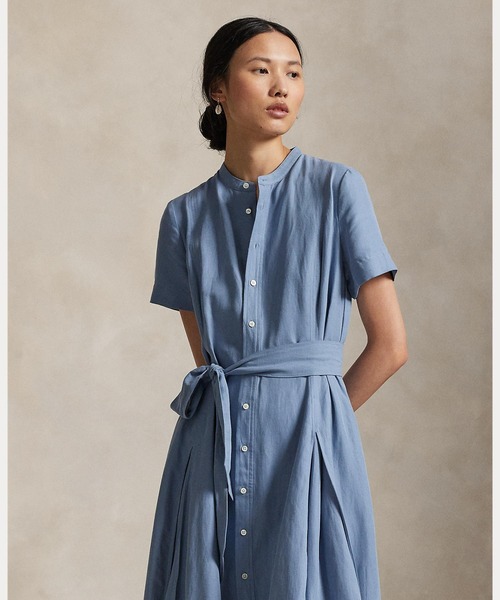 ベルテッド シルクブレンド Aライン シャツドレス（シャツワンピース