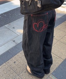 ハートステッチバッグポイントワイドデニムパンツ
