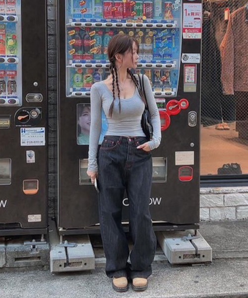 GLAMOROUS JANE(グラマラスジェーン)の「ハートステッチバッグポイントワイドデニムパンツ(デニムパンツ・レディース・ブラック・S/M/L)」の9枚目の写真