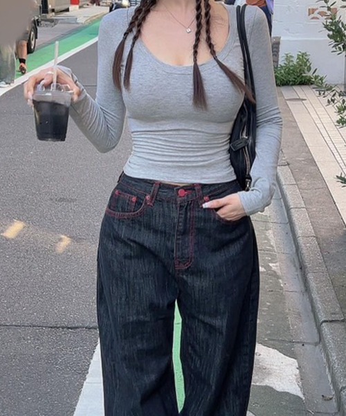 GLAMOROUS JANE(グラマラスジェーン)の「ハートステッチバッグポイントワイドデニムパンツ(デニムパンツ・レディース・ブラック・S/M/L)」の8枚目の写真
